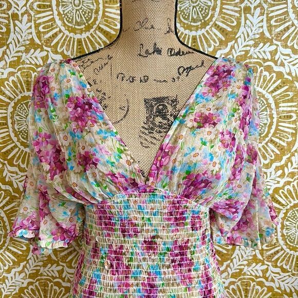 NWT ByTiMo Floral Smocked Ruffle Chiffon Mini Dress in Summer Flowers size S - Picture 8 of 13